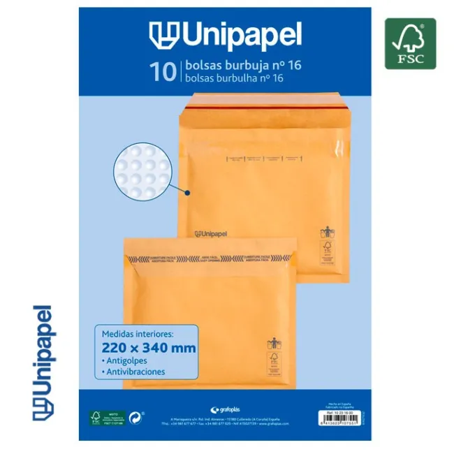 PAQUETE 10 BOLSAS BURBUJA Nº 16 220X340 MM 75 G FSC UNIPAPEL