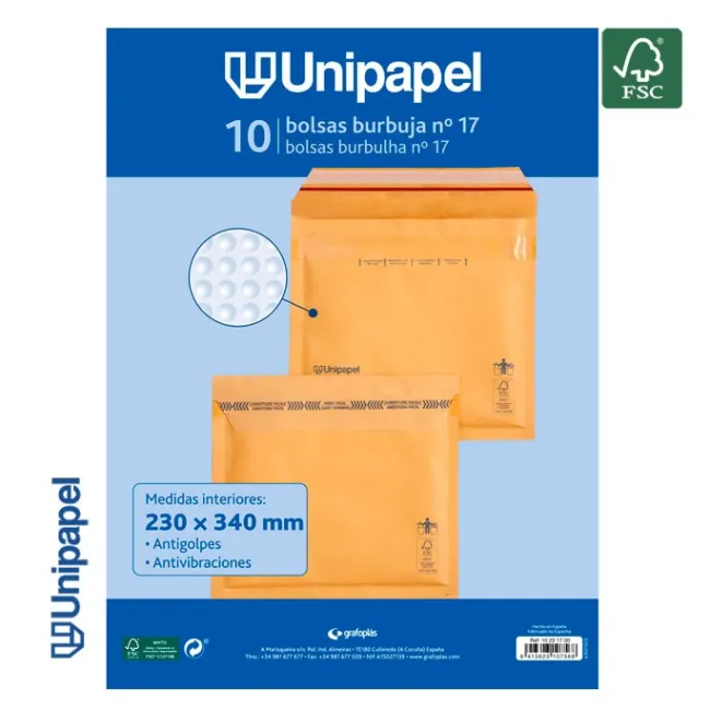 PAQUETE 10 BOLSAS BURBUJA Nº 17 240X340 MM 75 G FSC UNIPAPEL