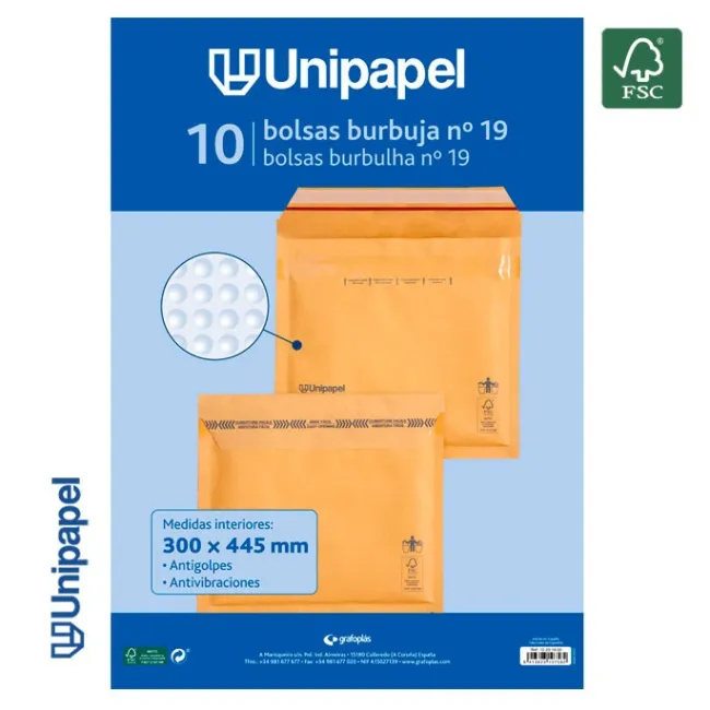 PAQUETE 10 BOLSAS BURBUJA Nº 19 300X445 MM 75 G FSC UNIPAPEL