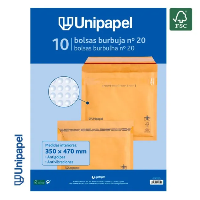 PAQUETE 10 BOLSAS BURBUJA Nº 20 340X470 MM 75 G FSC UNIPAPEL